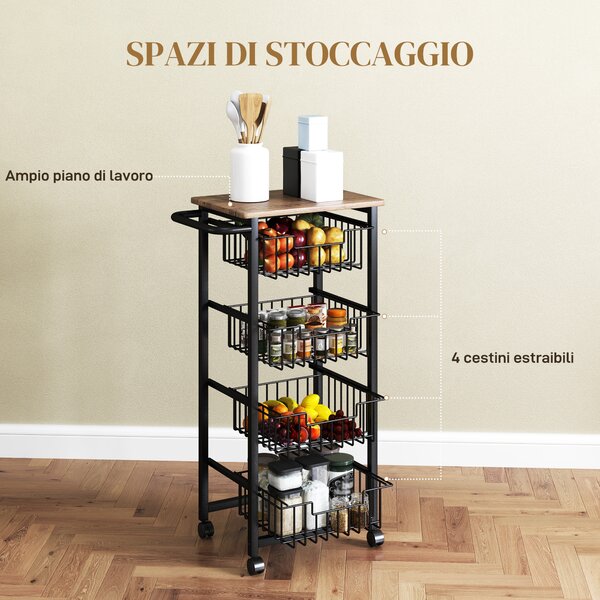 HOMCOM Carrello da Cucina con 4 Cestini Estraibili, Ruote e Freni, Acciaio e Legno, 49.5x31x91 cm, Rovere | Aosom Italy