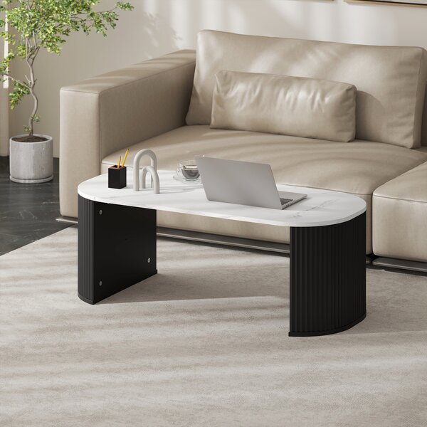 HOMCOM Tavolino ovale, tavolino d'appoggio effetto marmo, angoli arrotondati piedi spessi, 110 x 50 x 40 cm, nero | Aosom Italy