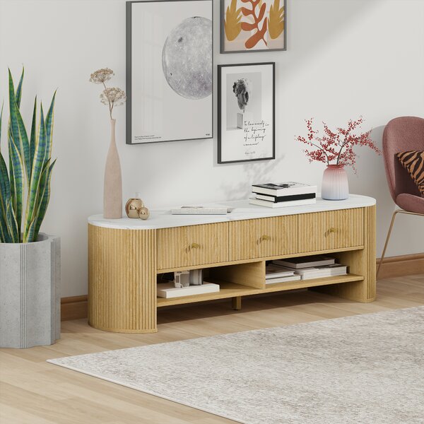HOMCOM Mobile TV 140 cm, mobile per TV da 65 pollici effetto marmo 3 cassetti a scanalature effetto legno naturale | Aosom Italy