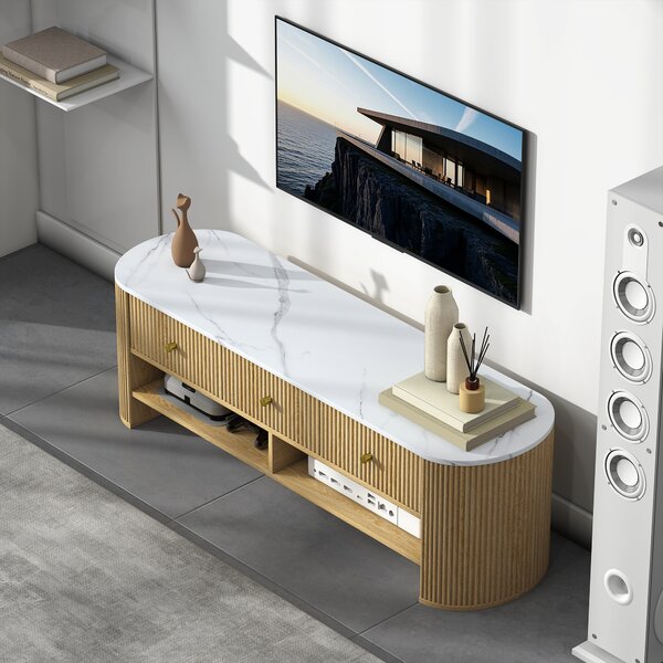 HOMCOM Mobile TV 140 cm, mobile per TV da 65 pollici effetto marmo 3 cassetti a scanalature effetto legno naturale | Aosom Italy