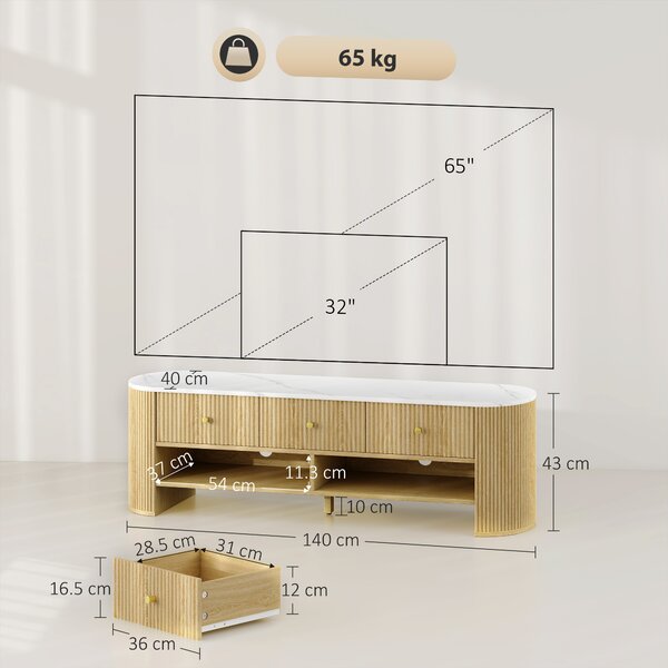 HOMCOM Mobile TV 140 cm, mobile per TV da 65 pollici effetto marmo 3 cassetti a scanalature effetto legno naturale | Aosom Italy