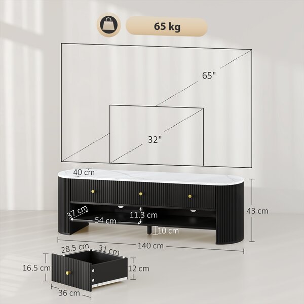 HOMCOM Mobile TV 140 cm, mobile TV per televisore 65 pollici effetto marmo con 3 cassetti frontali a canna di fucile 2 mensole nero | Aosom Italy