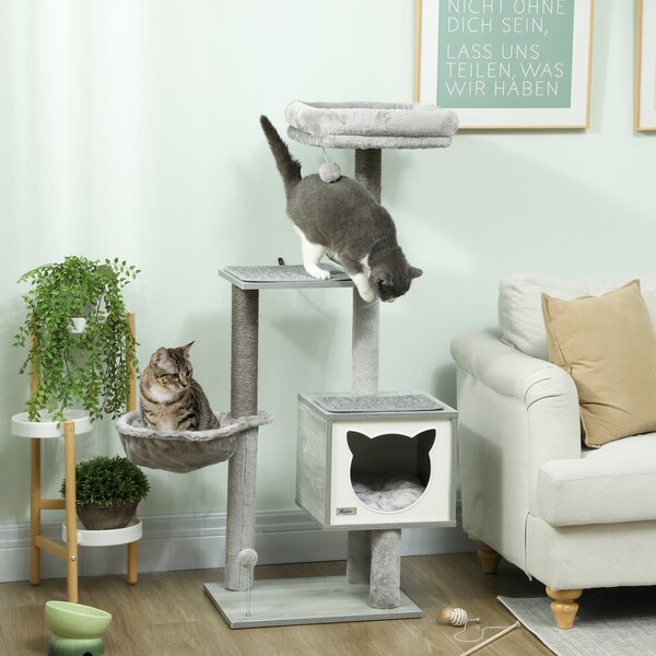 PawHut Albero per Gatti tiragraffi graffiatoi multi-accessori cuccia amaca peluche corta sisal naturale 48x40x126cm grigio | Aosom Italy