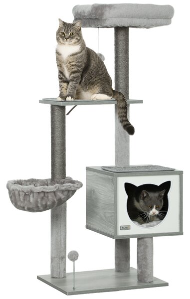 PawHut Albero per Gatti tiragraffi graffiatoi multi-accessori cuccia amaca peluche corta sisal naturale 48x40x126cm grigio | Aosom Italy