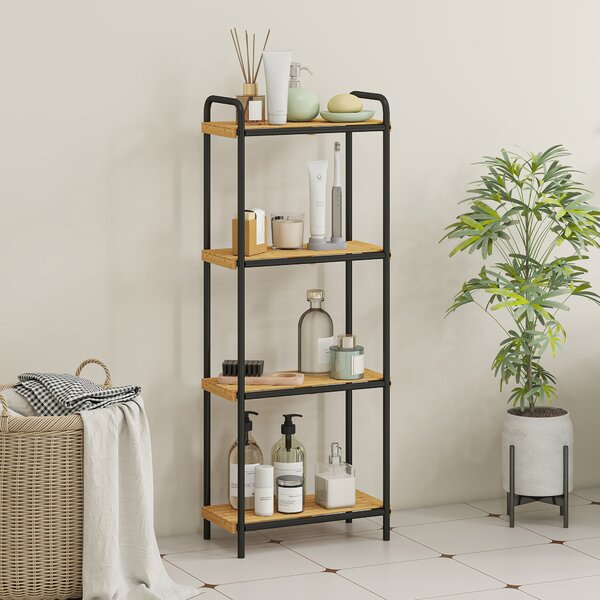 HOMCOM Mensola da Bagno in Bambù con 4 Ripiani Aperti Design a Listelli e Struttura in Acciaio 41,5x21,5x106 cm Naturale | Aosom Italy