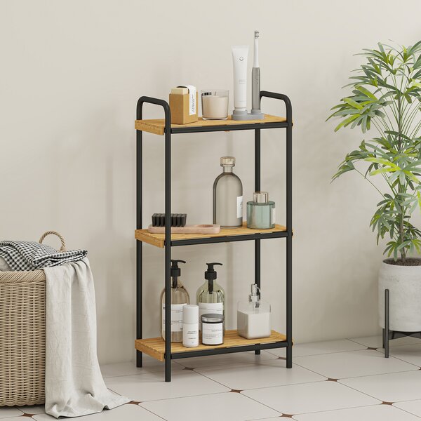 HOMCOM Mensola da Bagno in Bambù con 3 Ripiani Aperti Design a Doghe e Struttura in Acciaio 41,5x21,5x77,5 cm Naturale | Aosom Italy