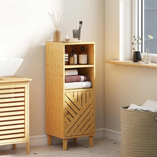 HOMCOM Armadio da Bagno Stretto Mobiletto da Bagno con 2 Ripiani Aperti Porta e Gambe in Bambù 32x30x90 cm Naturale | Aosom Italy