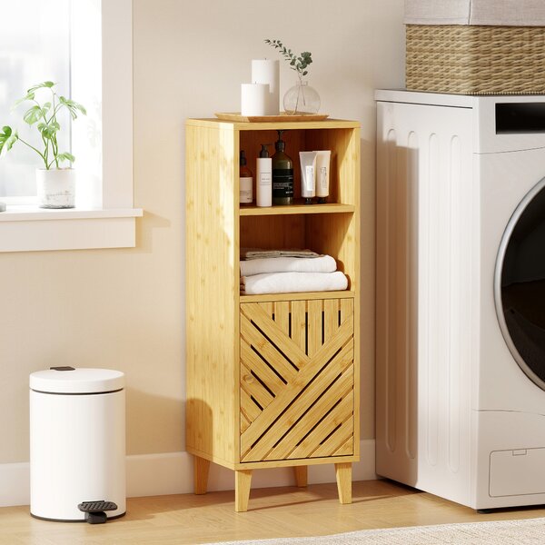 HOMCOM Armadio da Bagno Stretto Mobiletto da Bagno con 2 Ripiani Aperti Porta e Gambe in Bambù 32x30x90 cm Naturale | Aosom Italy