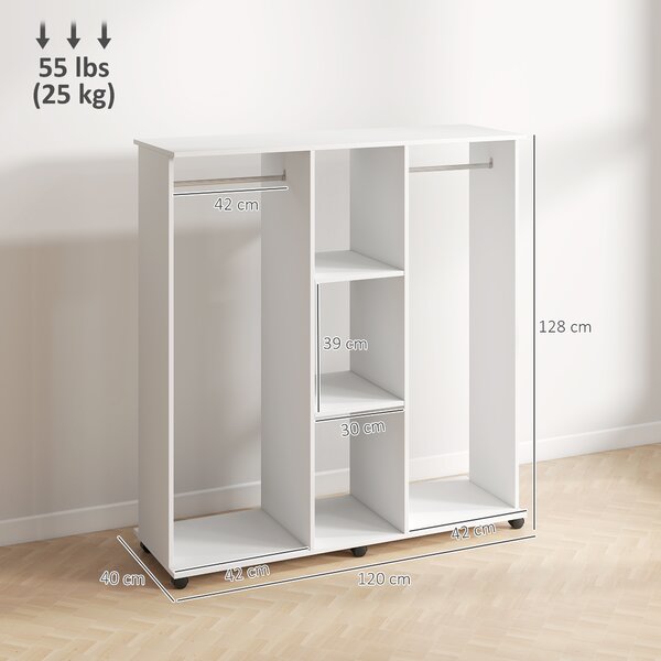 HOMCOM Armadio guardaroba mobile con 6 ruote 120 x 40 x 128 cm in legno bianco | Aosom Italy