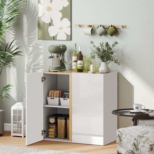 HOMCOM Buffet a alta brillantezza, mobile da archiviazione con 2 porte a chiusura ammortizzata e ripiano regolabile, 80x40x80cm, bianco | Aosom Italy