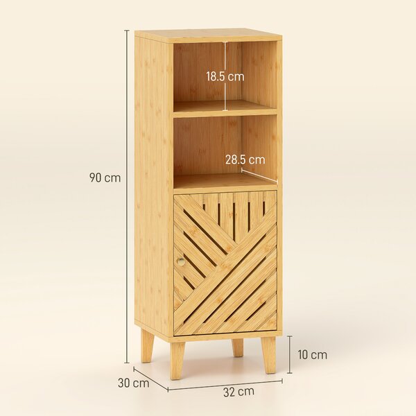 HOMCOM Armadio da Bagno Stretto Mobiletto da Bagno con 2 Ripiani Aperti Porta e Gambe in Bambù 32x30x90 cm Naturale | Aosom Italy