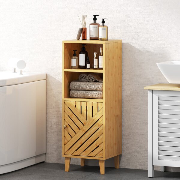 HOMCOM Armadio da Bagno Stretto Mobiletto da Bagno con 2 Ripiani Aperti Porta e Gambe in Bambù 32x30x90 cm Naturale | Aosom Italy