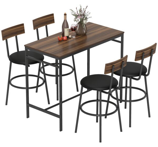 HOMCOM Set da Tavolo da Bar 5 Pezzi con 4 Sgabelli, Design Industriale, per Cucina, Sala da Pranzo, Legno, Acciaio, Marrone | Aosom Italy