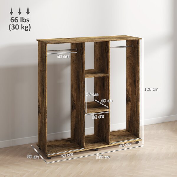 HOMCOM Armadio penderie mobiletto di archiviazione mobile 6 ruote 120 x 40 x 128 cm in legno marrone | Aosom Italy