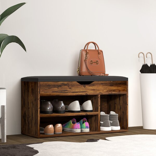 HOMCOM Mobile Scarpiera Banc a Scarpe 2 Niveaux Rangement, Nicchia + Baule Integrato con Cuscino Effetto Mogano | Aosom Italy