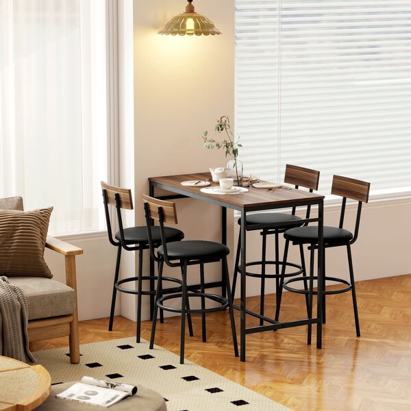 HOMCOM Set da Tavolo da Bar 5 Pezzi con 4 Sgabelli, Design Industriale, per Cucina, Sala da Pranzo, Legno, Acciaio, Marrone | Aosom Italy