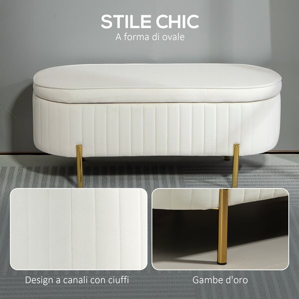 HOMCOM Panca Contenitore Ovale da 72L con Coperchio Sollevabile, in Tessuto Vellutato e Legno, 108x44x43.5 cm, Crema | Aosom Italy