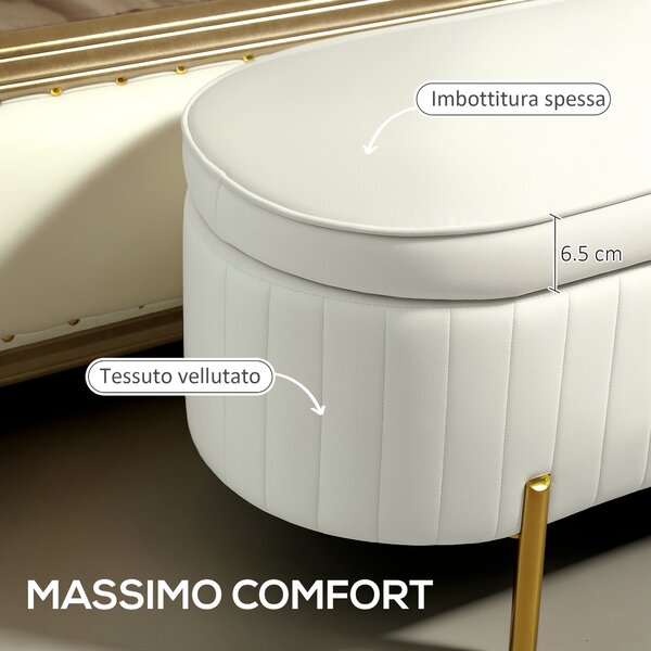 HOMCOM Panca Contenitore Ovale da 72L con Coperchio Sollevabile, in Tessuto Vellutato e Legno, 108x44x43.5 cm, Crema | Aosom Italy