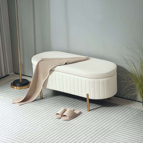 HOMCOM Panca Contenitore Ovale da 72L con Coperchio Sollevabile, in Tessuto Vellutato e Legno, 108x44x43.5 cm, Crema | Aosom Italy