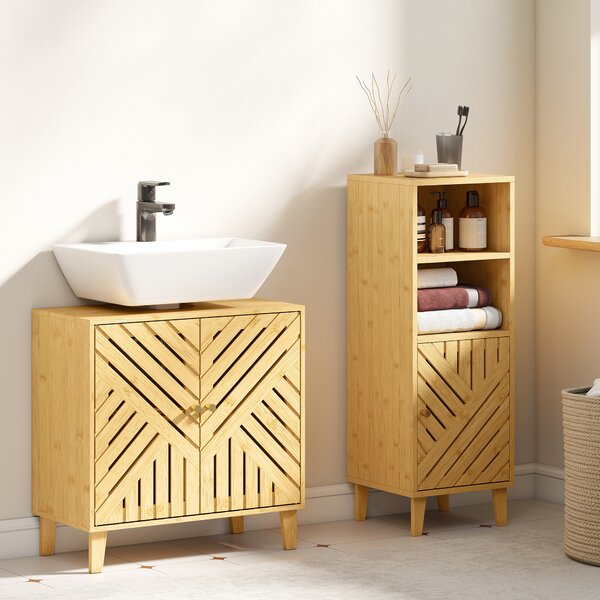 HOMCOM Mobile sottolavabo in Bambù con 2 Ante Doghe e Scaffale Regolabile per Lavabo senza Base 60x30x60 cm Naturale | Aosom Italy