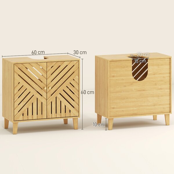 HOMCOM Mobile sottolavabo in Bambù con 2 Ante Doghe e Scaffale Regolabile per Lavabo senza Base 60x30x60 cm Naturale | Aosom Italy