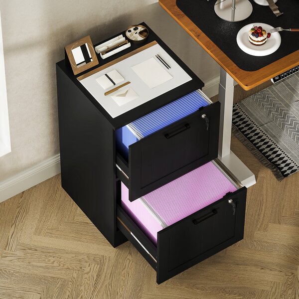 HOMCOM Mobiletto per ufficio, mobile portaoggetti in legno con 2 cassetti e serratura, barre di sospensione regolabili, 40 x 40 x 71 cm, nero | Aosom Italy