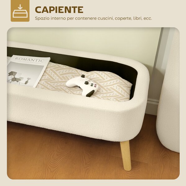 HOMCOM Panca Contenitore da 65L in Tessuto Teddy e Gambe in Legno, 120x42x45 cm, Beige | Aosom Italy