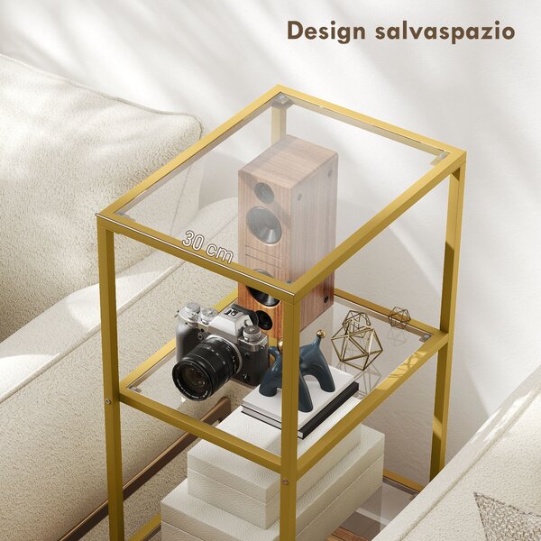 HOMCOM Mobiletto Scaffale a 4 Livelli Minimal in Metallo e Vetro Temperato, 40x30x96.5 cm, color Oro | Aosom Italy