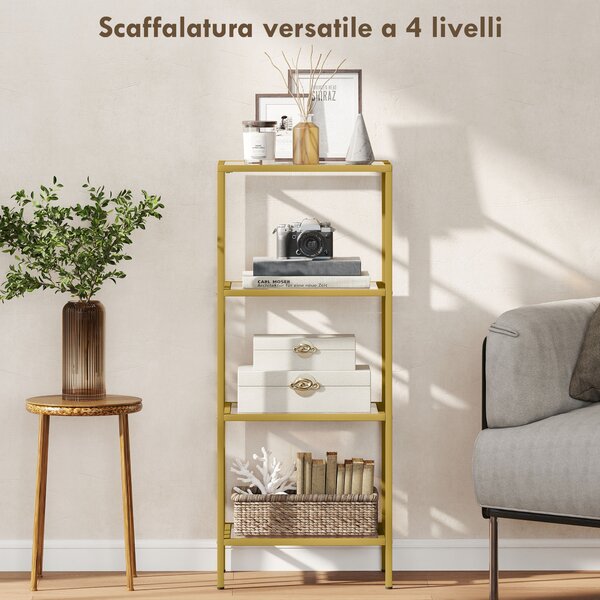 HOMCOM Mobiletto Scaffale a 4 Livelli Minimal in Metallo e Vetro Temperato, 40x30x96.5 cm, color Oro | Aosom Italy