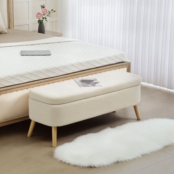 HOMCOM Panca Contenitore da 65L in Tessuto Teddy e Gambe in Legno, 120x42x45 cm, Beige | Aosom Italy