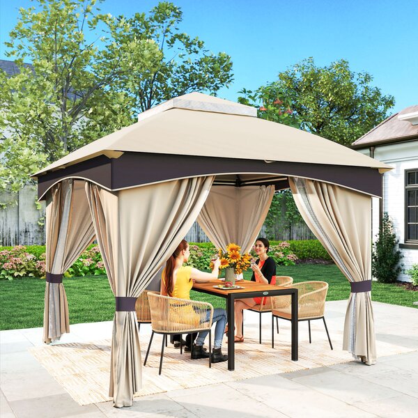 Outsunny Gazebo da Giardino 3x3 m con Doppio Tettuccio e Tende Rimuovibili, Struttura in Acciaio Zincato, Beige e Grigio|Aosom