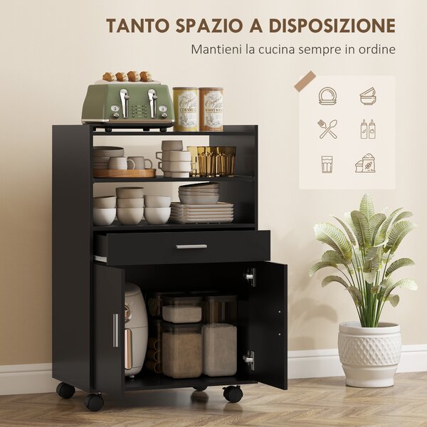 HOMCOM Mobile Microonde in Legno con Cassetto, Armadietto a 2 Ante e 2 Ripiani, 59x40x92 cm, Nero | Aosom Italy