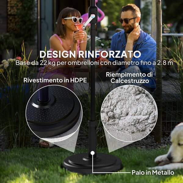 Outsunny Base per Ombrellone da 22 kg Rotonda per Ombrelloni Max. 2.8 m e Pali da 38 mm o 48 mm, Nero