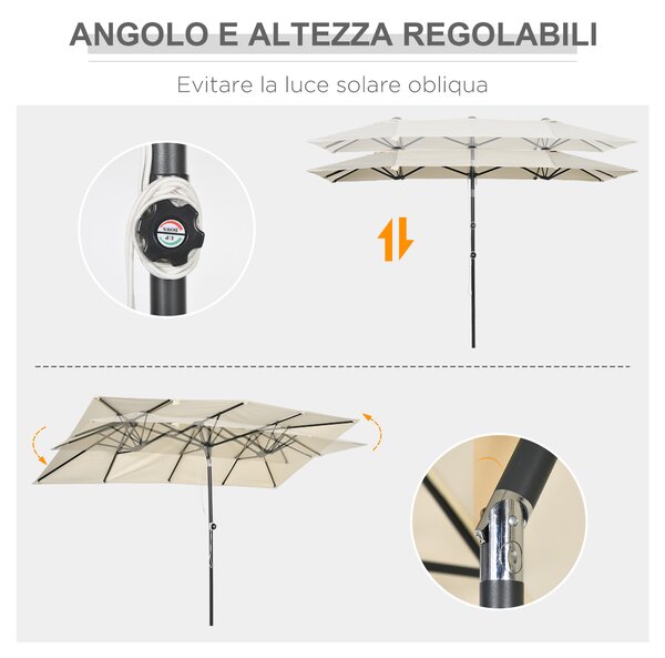 Outsunny Ombrellone Doppio Inclinabile e Regolabile con Cordicella, in Poliestere e Metallo, 150x295x170-214 cm, Crema