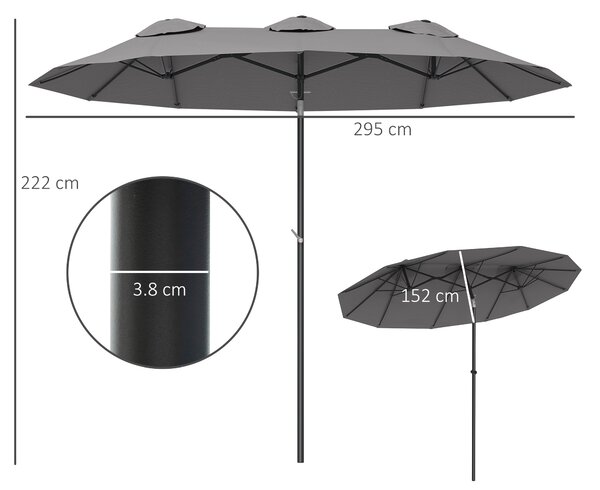 Outsunny Ombrellone Doppio Inclinabile a 45° con Manovella e Prese d'Aria, in Acciaio e Poliestere, 285x147x227 cm, Grigio