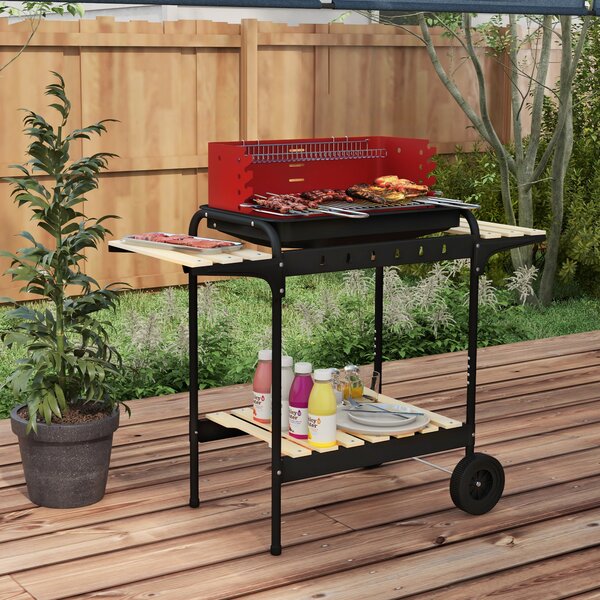 Outsunny Barbecue a Carbonella con Griglia Regolabile e 3 Ripiani in Metallo Legno, 103x47x95 cm, Rosso
