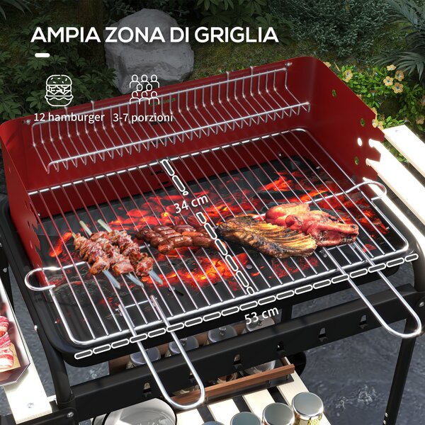 Outsunny Barbecue a Carbonella con Griglia Regolabile e 3 Ripiani in Metallo Legno, 103x47x95 cm, Rosso