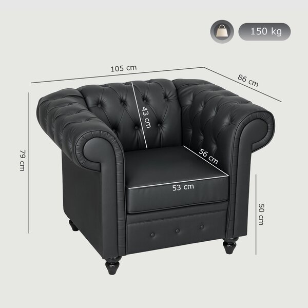 HOMCOM Poltrona Moderno da Salotto in Finta Pelle PU con Gambe in Legno, Stile Chesterfield, Nero | Aosom Italy