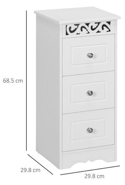 HOMCOM Mobiletto Bagno Salvaspazio con 3 Cassetti, Decoro Intaglio Floreale, Mobiletto Cassettiera per Bagno in Legno,30x30x68.5cm,Bianco| Aosom Italy