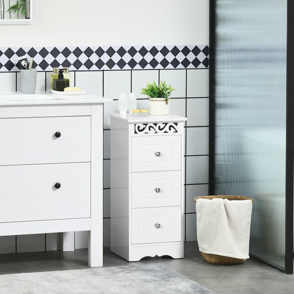 HOMCOM Mobiletto Bagno Salvaspazio con 3 Cassetti, Decoro Intaglio Floreale, Mobiletto Cassettiera per Bagno in Legno,30x30x68.5cm,Bianco| Aosom Italy