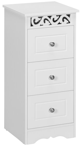 HOMCOM Mobiletto Bagno Salvaspazio con 3 Cassetti, Decoro Intaglio Floreale, Mobiletto Cassettiera per Bagno in Legno,30x30x68.5cm,Bianco| Aosom Italy