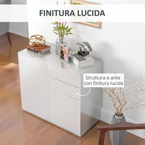 HOMCOM Credenza Moderna con 2 Armadietti e 2 Cassetti con Apertura a Pressione, 79x36x74cm, Bianco Lucido
