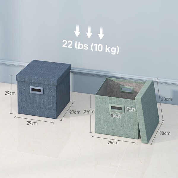 HOMCOM Set 4 Scatole per Armadi in Tessuto con Coperchio e Pieghevoli 30x30x29cm, Blu, Crema, Verde e Grigio Chiaro