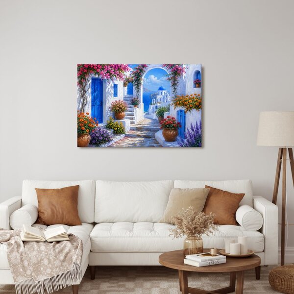 Quadro su tela – Vicolo greco con cupola blu