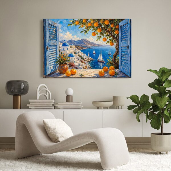 Quadro su tela – Costa di Santorini con arance