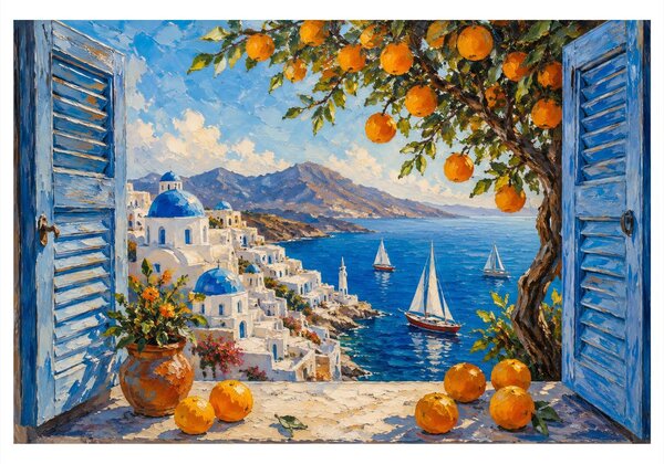 Quadro su tela – Costa di Santorini con arance
