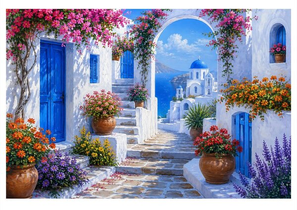 Quadro su tela – Vicolo greco con cupola blu