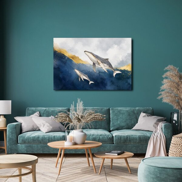 Quadro su tela – Balene tra onde dorate