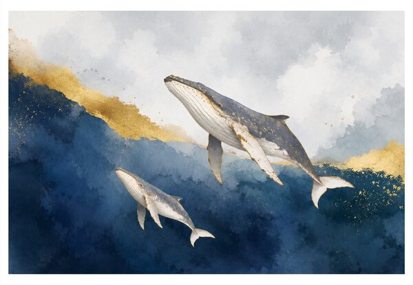Quadro su tela – Balene tra onde dorate