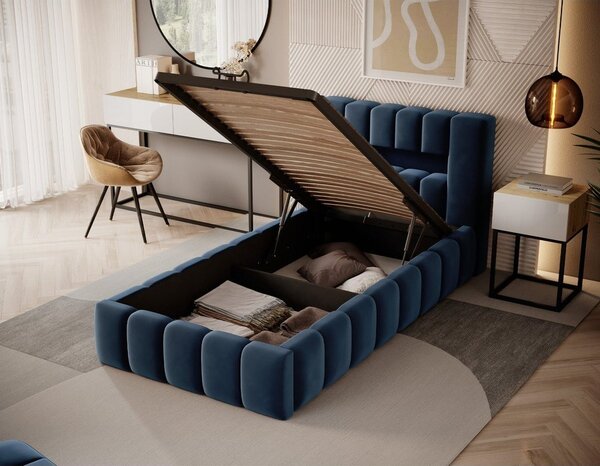 Letto singolo imbottito blu scuro con contenitore con rete inclusa 90x200 cm Lamica – ELTAP